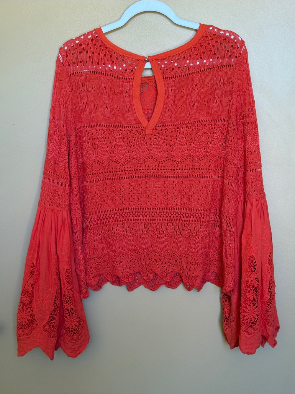 Free People Crochet Lace Bell-Sleeve Top - Red/Orange Size M - Picture 2 of 5